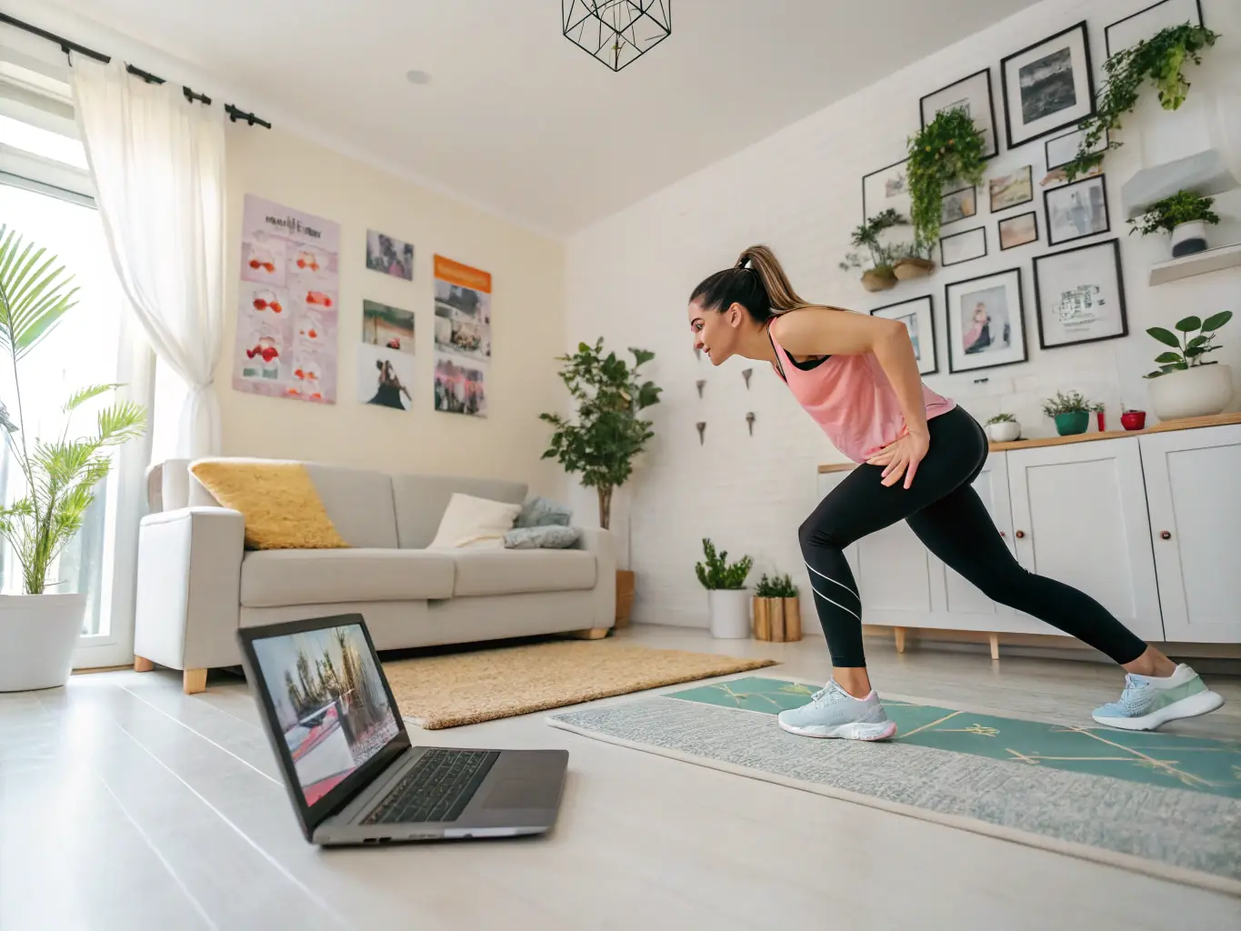 An image depicting a mom efficiently performing a quick and effective exercise routine at home, showcasing the time-saving aspect of the workouts.