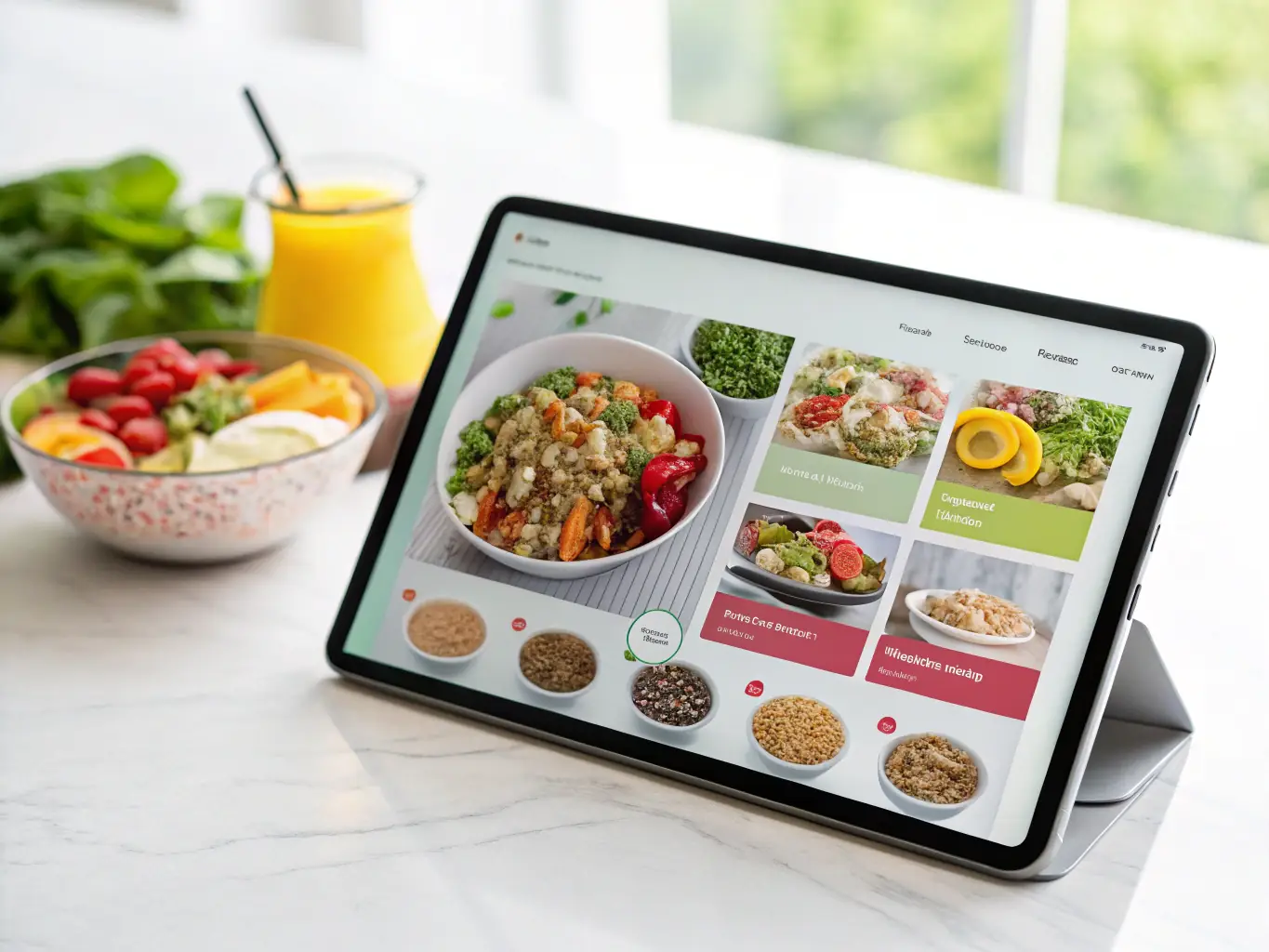 An image showing a busy mom reviewing her personalized meal and exercise plan on a tablet, highlighting the convenience and integration of the plan into her daily life.