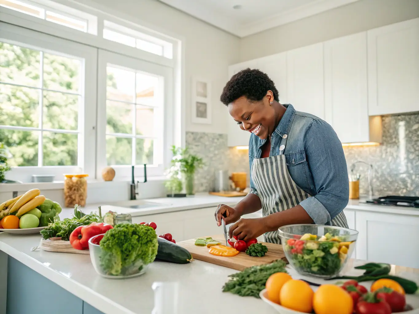 A busy mom happily preparing a healthy meal in her kitchen, showcasing the ease of following a personalized meal plan from FatLossDecoded.com.