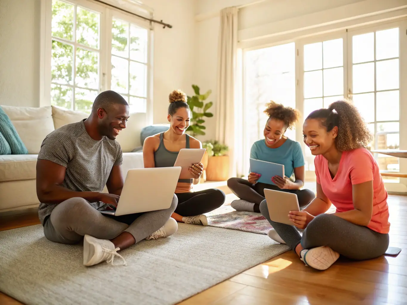 A group of diverse moms are laughing and supporting each other during a virtual workout session on their laptops, showcasing the supportive online community of FatLossDecoded.com.