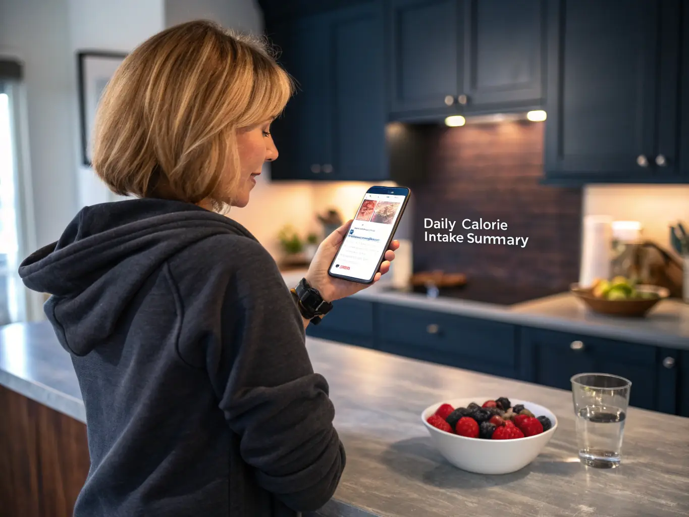 A mom is tracking her progress on a fitness app, illustrating the science-backed tools and resources available at FatLossDecoded.com.
