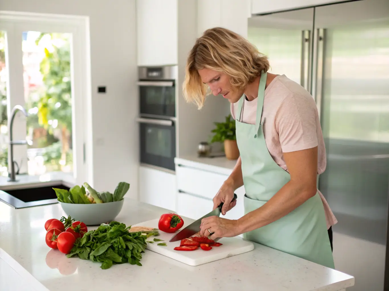 A mom is smiling confidently while preparing a healthy meal in her kitchen, representing the practical meal plans and guidance provided by FatLossDecoded.com.