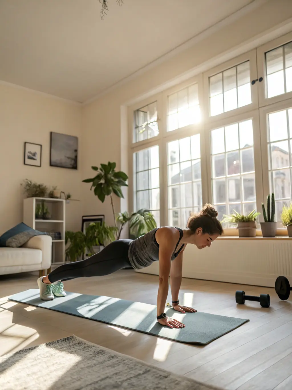 A busy mom efficiently working out at home with minimal equipment, demonstrating the program's focus on effective and time-saving exercises.