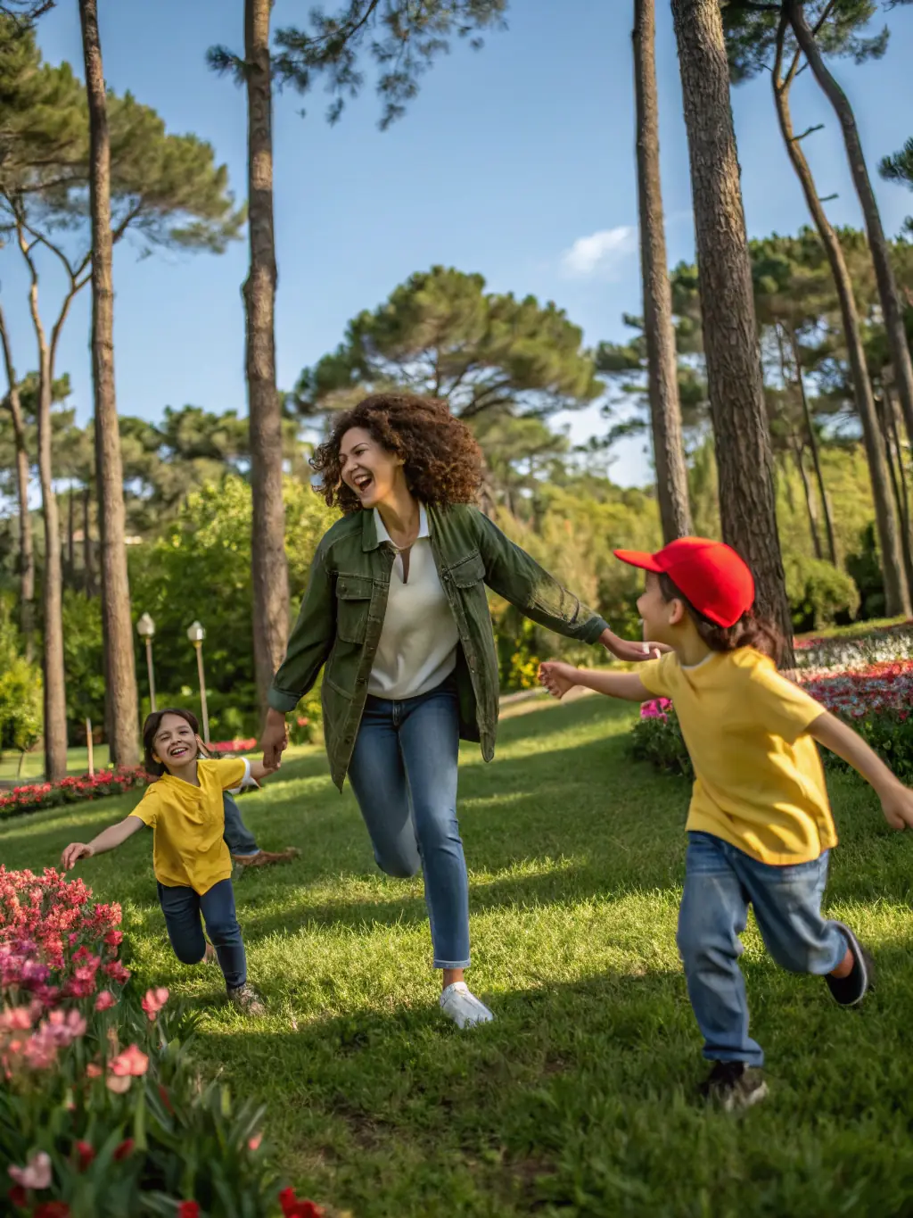 A happy, energetic mom playing with her kids in a park, showcasing a balanced and joyful lifestyle.