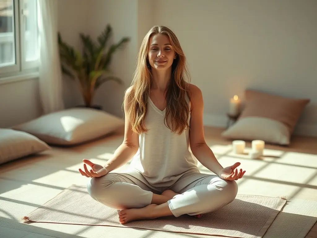 An image of a serene woman meditating in a quiet space, highlighting the importance of stress management and mental well-being in weight loss.