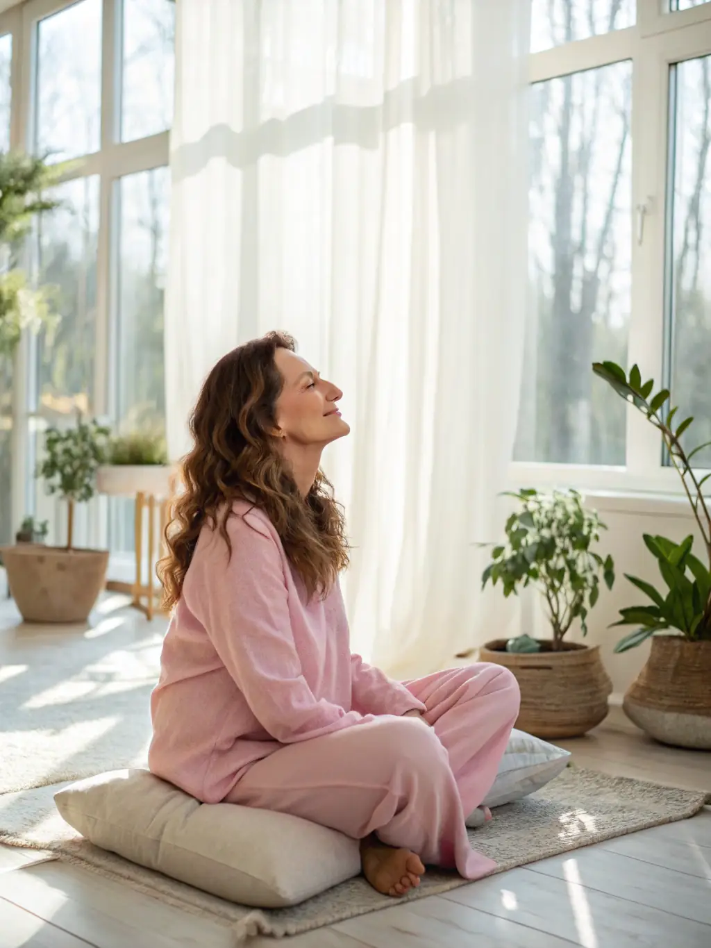 A serene mom practicing mindfulness or enjoying a relaxing hobby, highlighting the importance of mental well-being in the weight loss journey.